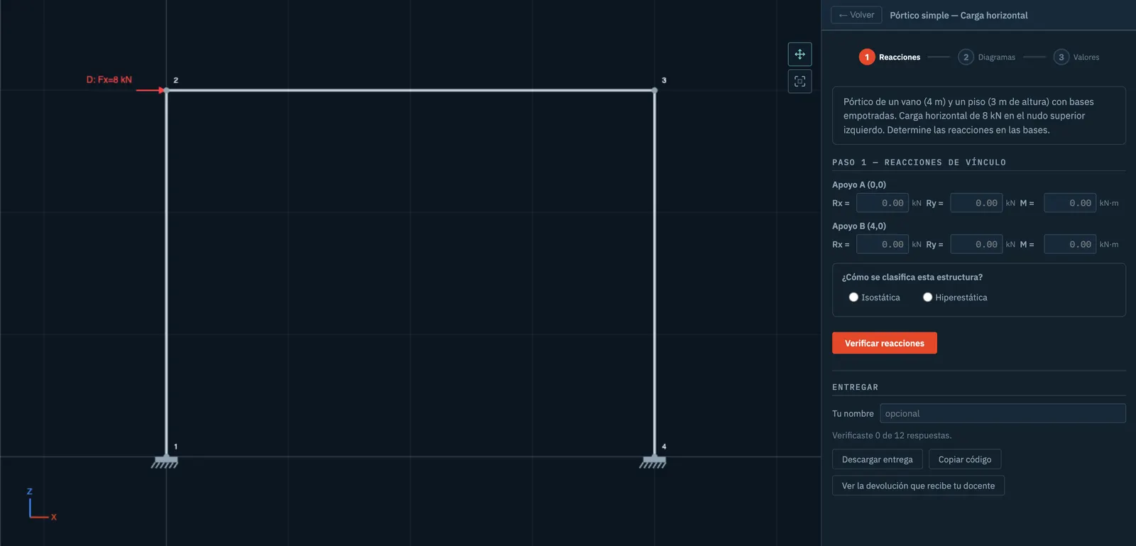 An exercise in Education mode: the frame on the left and, on the right, the steps with the reaction fields the student fills in.